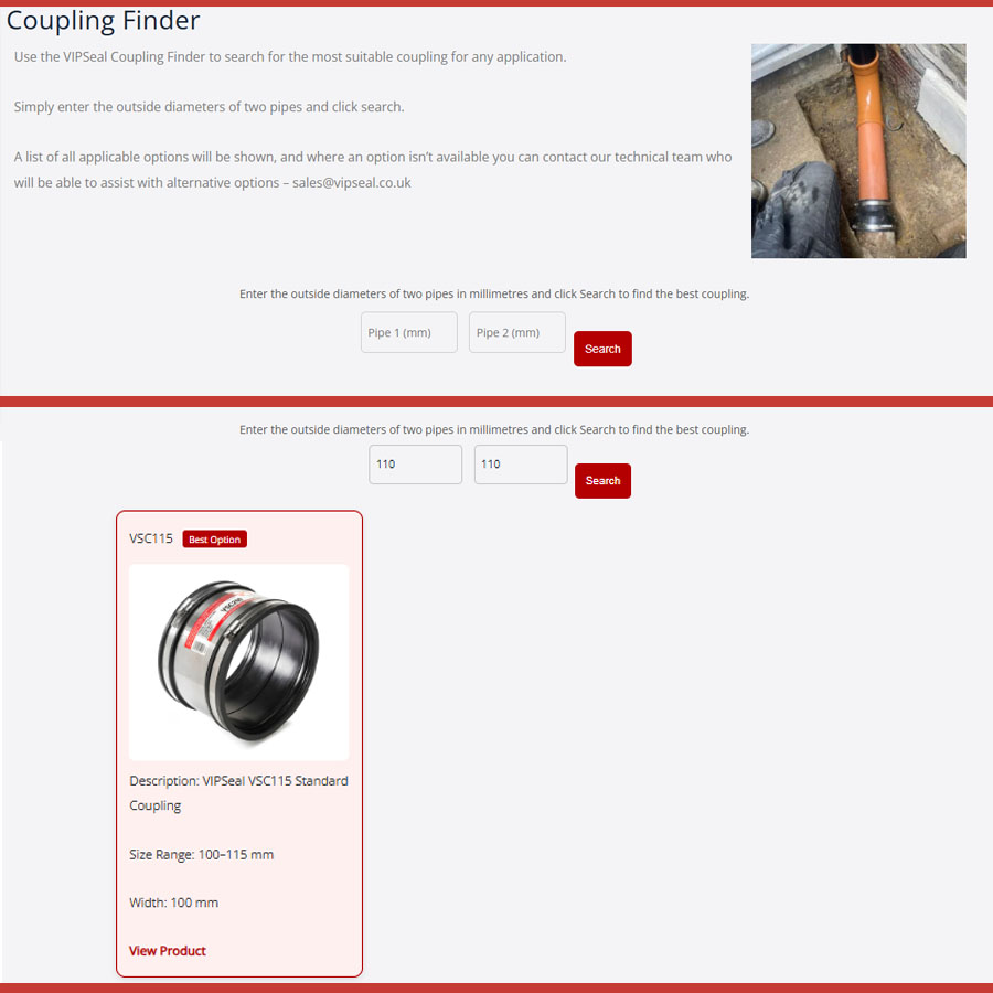 drainage pipe coupling selector Example