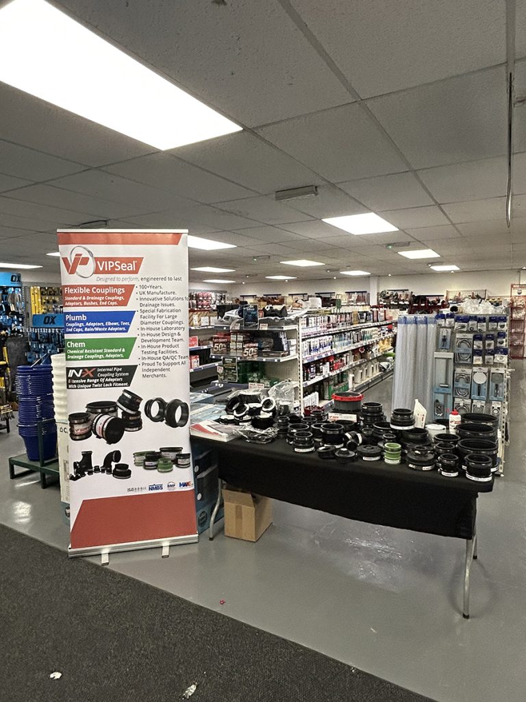 VIPSeal product range on display at Lords Builders Merchants Sudbury including flexible couplings and IN-X